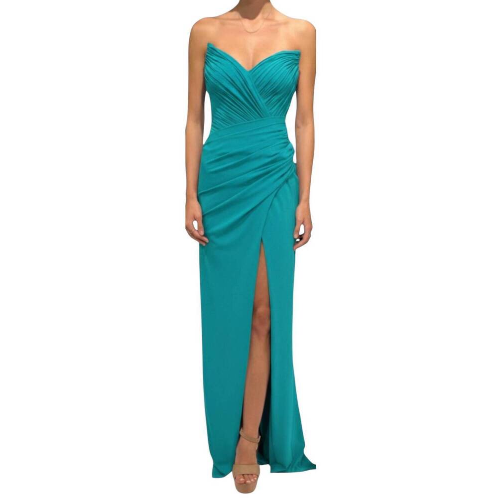 NEW TARIK EDIZ sara jersey v-neck strapless fitted long gown in turquoise